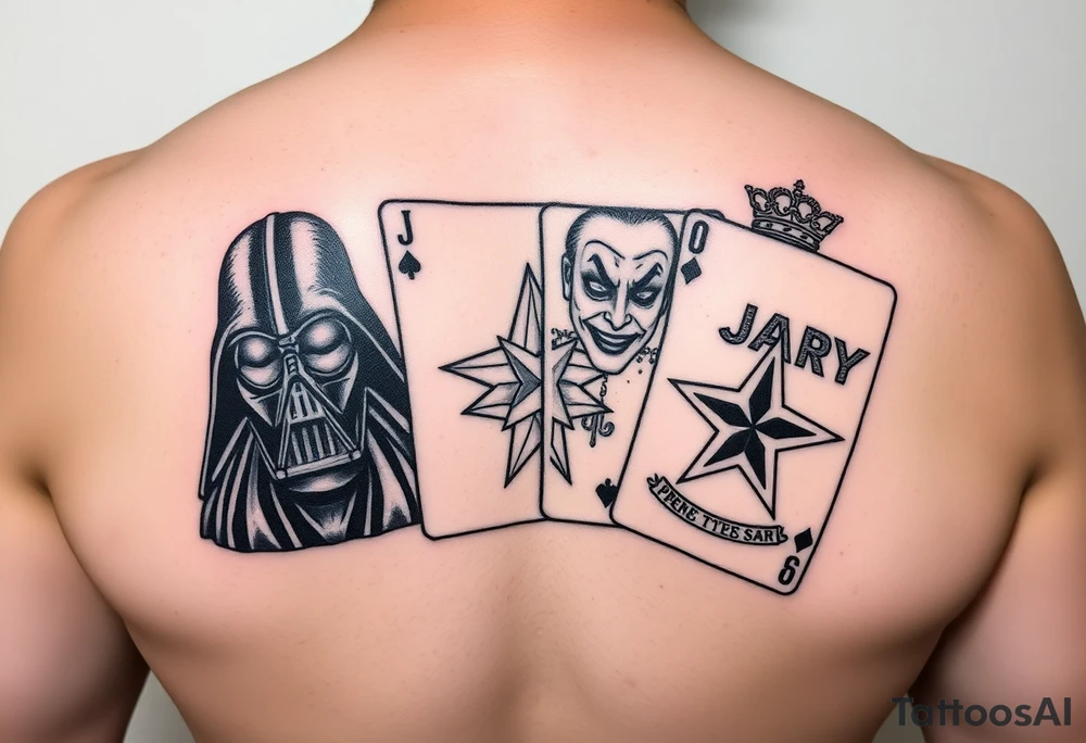 4 cards of a deck, Darth Vader, joker, army star, princess crown tattoo idea