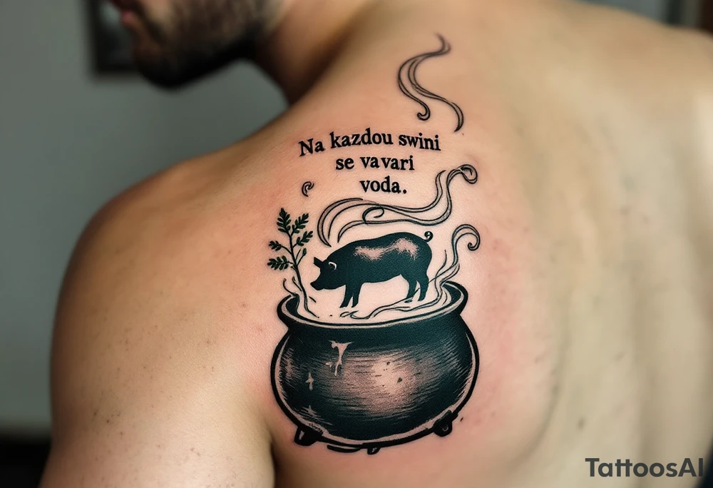 "Na kazdou svini se vari voda." — A boiling cauldron with a pig silhouette formed in steam, inked in dark greens and browns, and the quote spiraling upward. tattoo idea