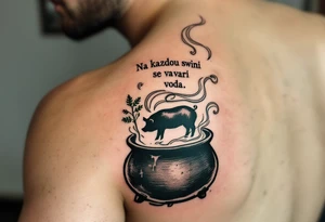 "Na kazdou svini se vari voda." — A boiling cauldron with a pig silhouette formed in steam, inked in dark greens and browns, and the quote spiraling upward. tattoo idea