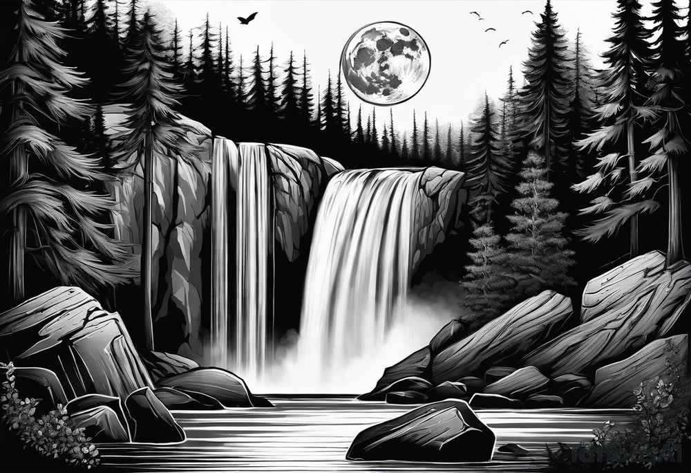 Waterfall with nature and the moon and the a wolf tattoo idea Waterfall with nature and the moon and the a wolf tattoo idea