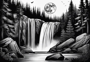 Waterfall with nature and the moon and the a wolf tattoo idea