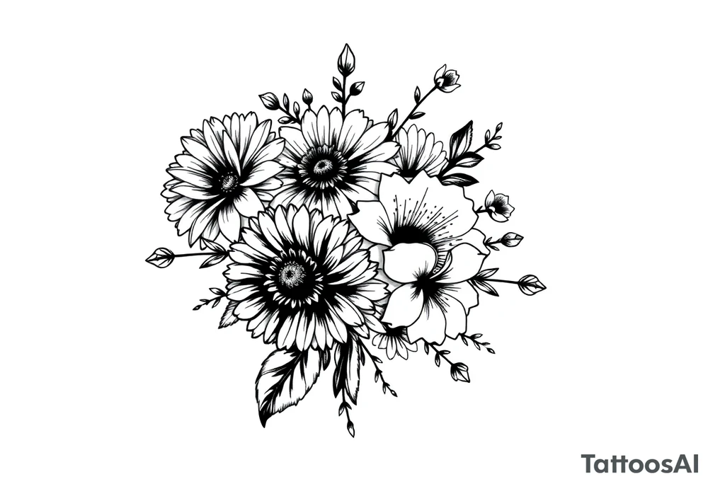 Honeysuckle, marigold, chrysanthemum, and violet bouquet tattoo idea