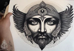 flat stern byzantine Christ with all-demanding eyes with a halo made of peacock feathers tattoo idea