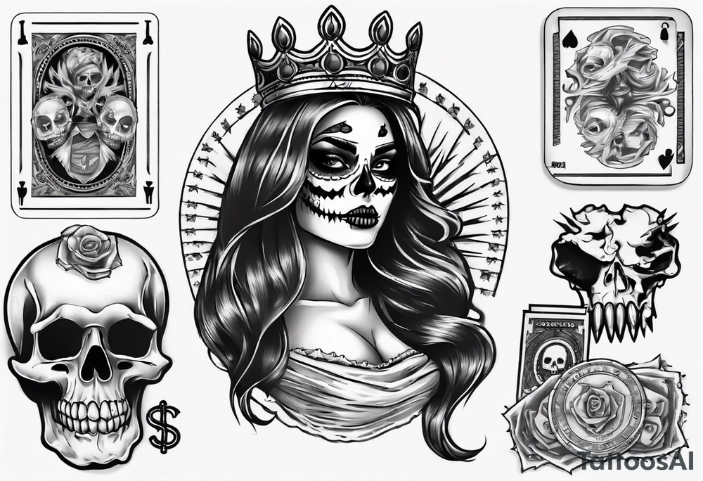 santa la muerta with money and crown
on the card tattoo idea