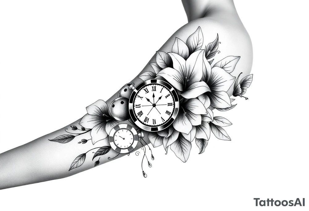 Casino only theme , poker chips deck of cards dice a pocket watch
 with lily flowers
 with raindrop swirls and butterfly’s tattoo idea