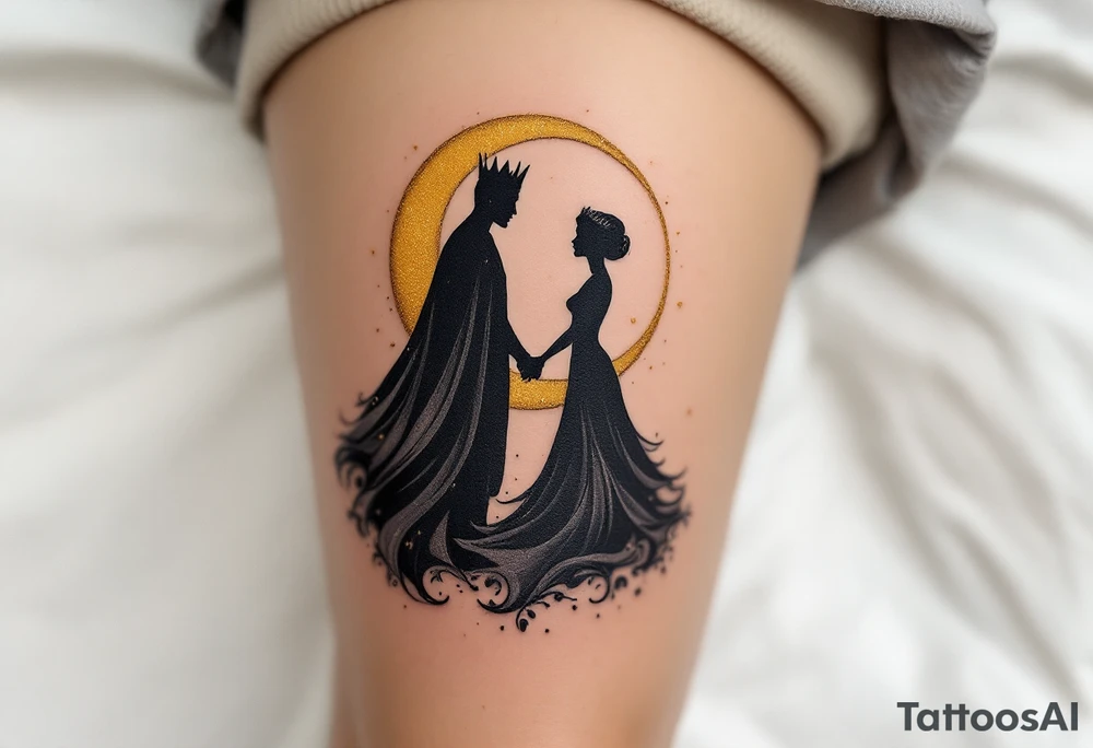 A silhouette of a king and queen holding hands under a black and gold moonlit sky. tattoo idea