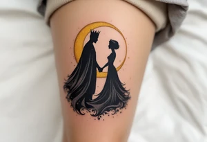 A silhouette of a king and queen holding hands under a black and gold moonlit sky. tattoo idea