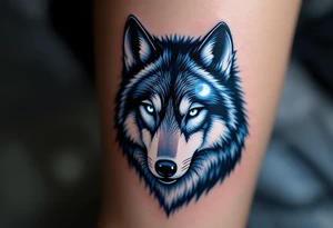 Moonlit wolf head with soft moonlight reflecting off the top of the fur. Palette: deep grays, midnight blue shading, and white moon glow accents. tattoo idea