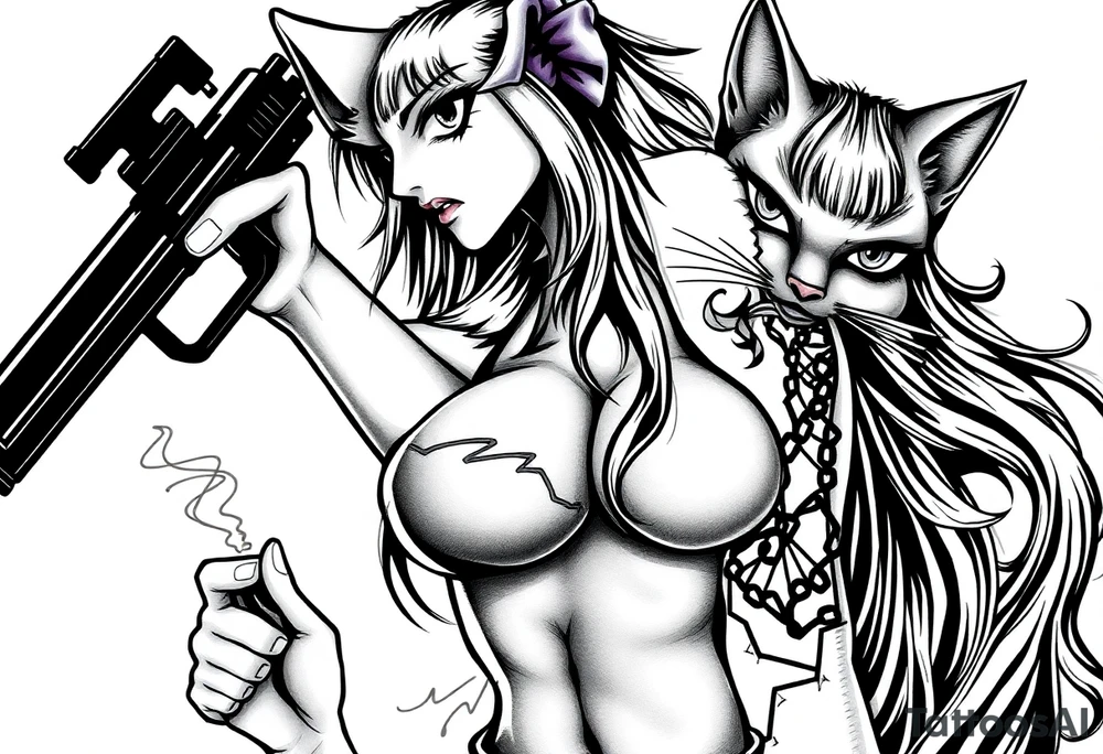naked catgirl, slut, anime, holding gun, black, smoking, angry tattoo idea