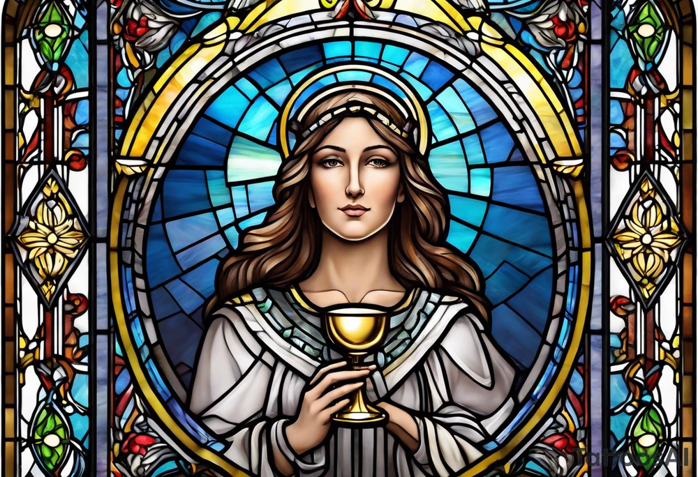 holy saint woman with halo stained glass holding a chalice tattoo idea