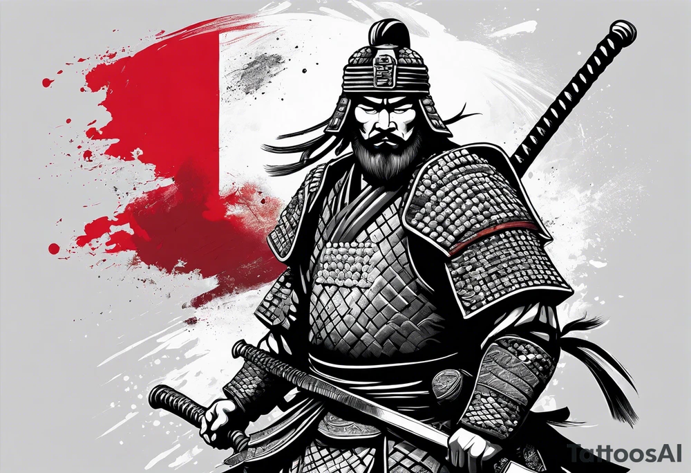 Bushido warrior with 7 rules writen characters, with albanian flag themed tattoo idea