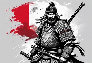 Bushido warrior with 7 rules writen characters, with albanian flag themed tattoo idea