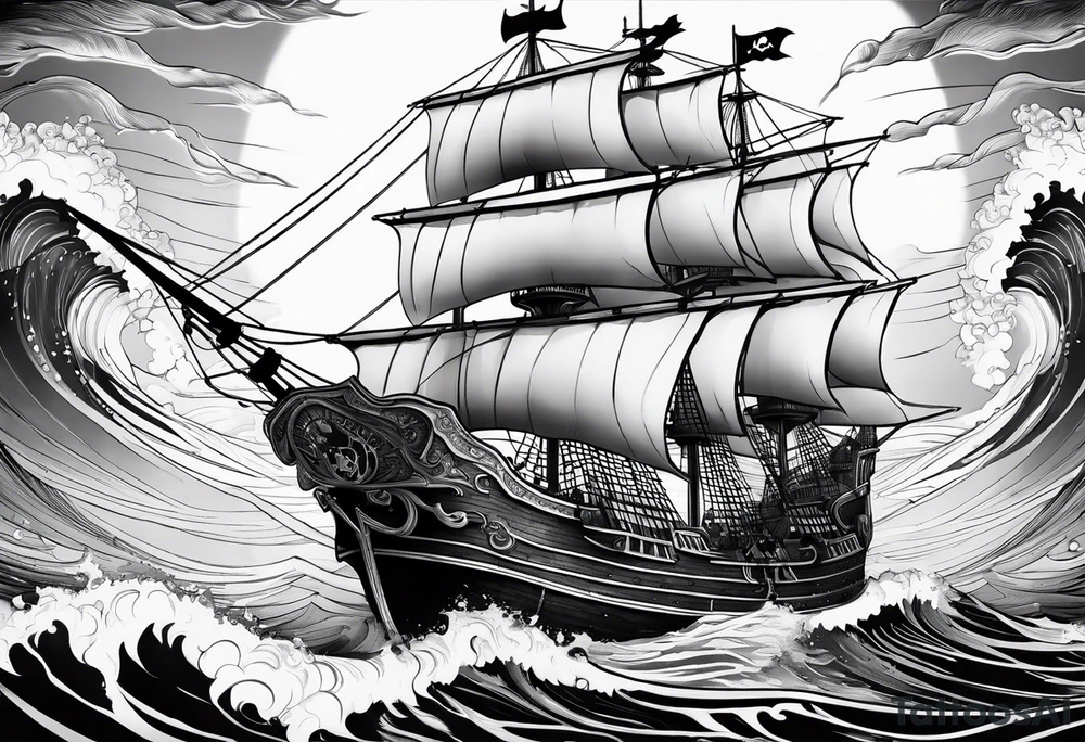 Black pearl pirate ship with waves tattoo idea