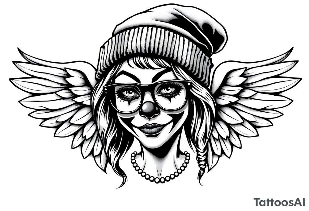 Clown Girl eye glasses 
Thug Beanie Angelic Wings tattoo idea