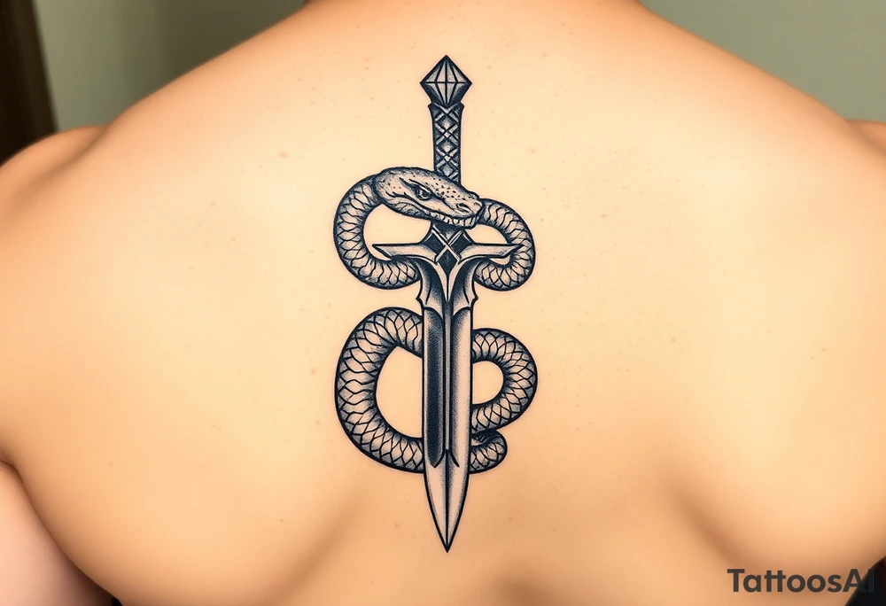mystical snake coiled around an ancient dagger with jeweled hilt tattoo idea