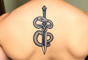 mystical snake coiled around an ancient dagger with jeweled hilt tattoo idea