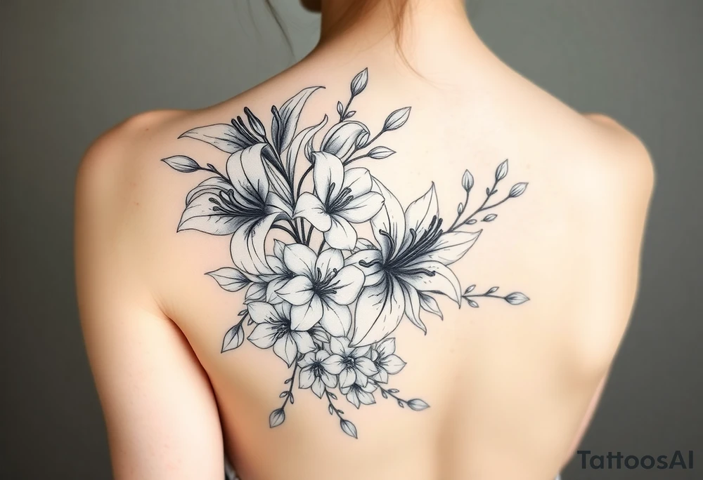 lilies with cherry blossoms and spider plant in a floral wrap on the arm tattoo idea