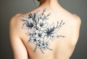 lilies with cherry blossoms and spider plant in a floral wrap on the arm tattoo idea