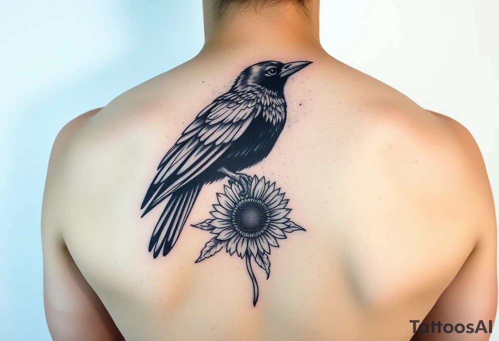 neotraditional crow with lantern and sunflower tattoo idea