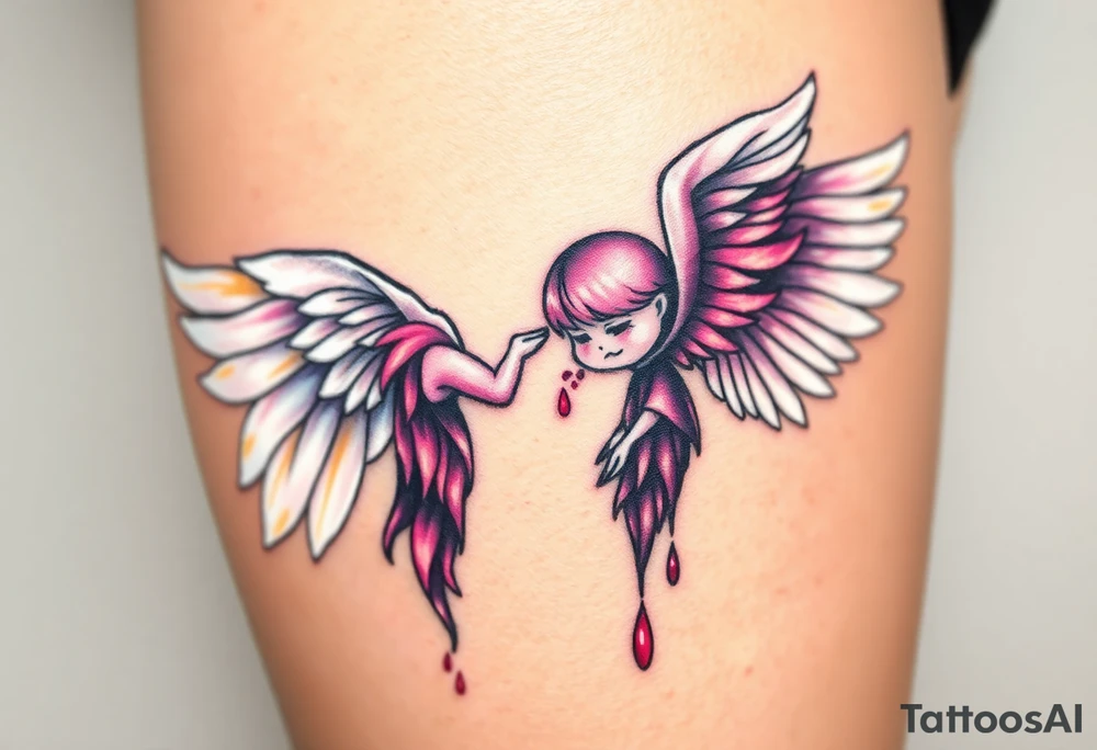 angel, with brilliant white wings that shine with golden accents and divine light, is contrasted with a fallen angel, whose wings are tattered and darkened with deep purples, reds, and blacks, dripping with sorrowful tears of blood. tattoo idea
