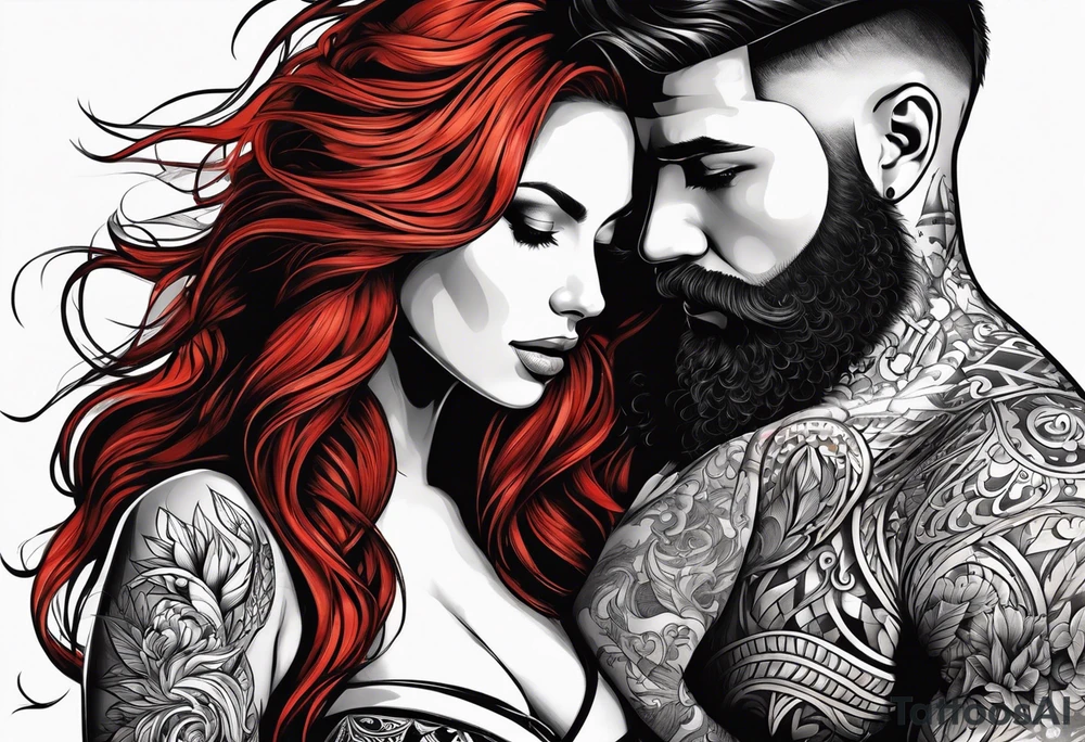 Busty red haired woman with a bearded man who has black hair tattoo idea