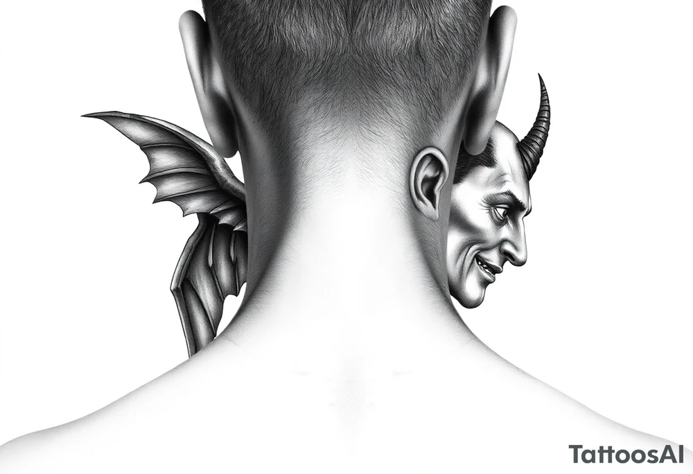 position behind the neck Angel (on the right) whispering in the right ear, demon (on the left) whispering in the left ear. It must be as realistic as possible. tattoo idea