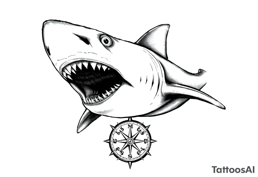 hammerhead shark with open mouth,under it a compass. tattoo idea