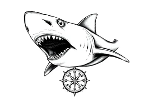 hammerhead shark with open mouth,under it a compass. tattoo idea
