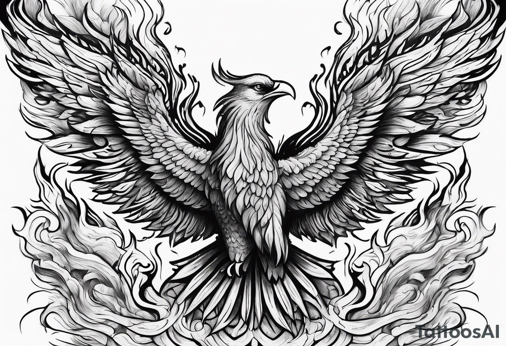 Bold text "BURN IT DOWN" engulfed with flames and smoke of a phoenix tattoo idea