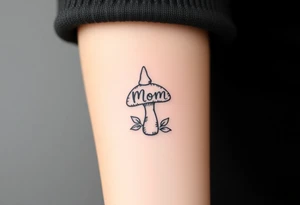 Mushroom with word mom on it with gnome on top tattoo idea