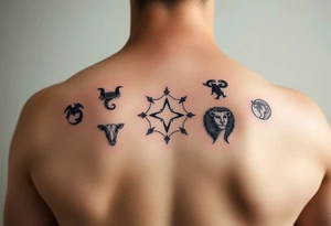 Back piece artistic water color constellations for family members: Scorpio (x2) Taurus, Aries (x2), leo. Star only tattoo idea