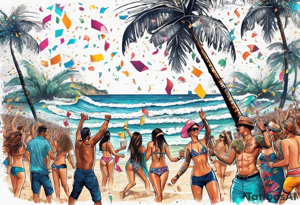 SURFING SAFARI BEACH DANCE 
PARTY WITH CONFETTI AND MUSIC NOTES, TROPICAL DRINKS, SEXY BIKINIS tattoo idea