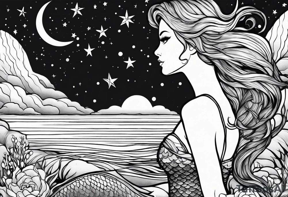 A mermaid looking out into the night sky and ocean horizon tattoo idea
