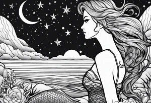 A mermaid looking out into the night sky and ocean horizon tattoo idea