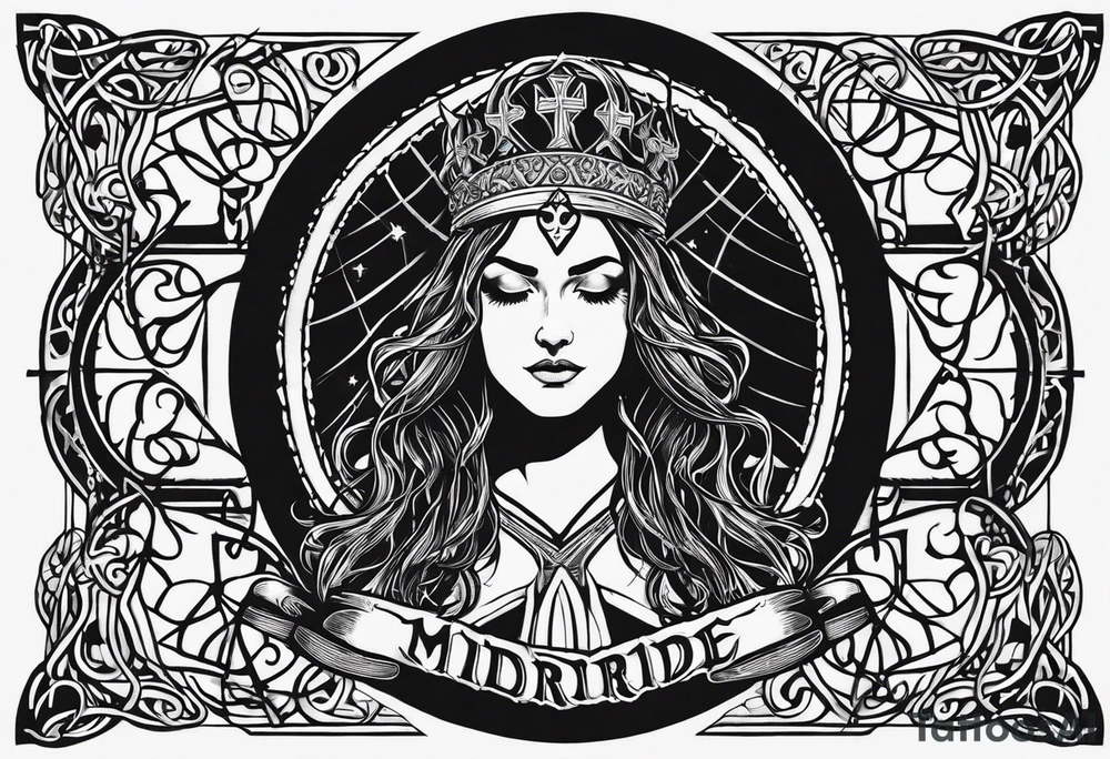 A full back piece themed on the surname mcbride and the irish saint brigid. It should take inspiration from artwork of saint brigid holding fire in her hands. It should have the text Vincit Pericula Virtus on it tattoo idea