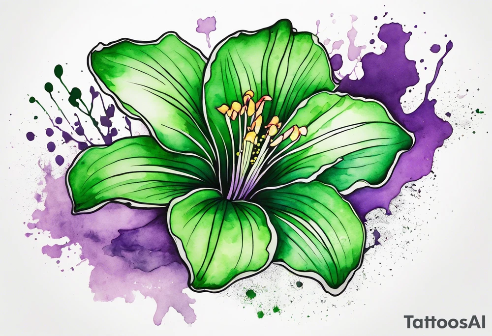 An outline of a green rio dipladenia flower and a green and purple watercolor splash in the background tattoo idea