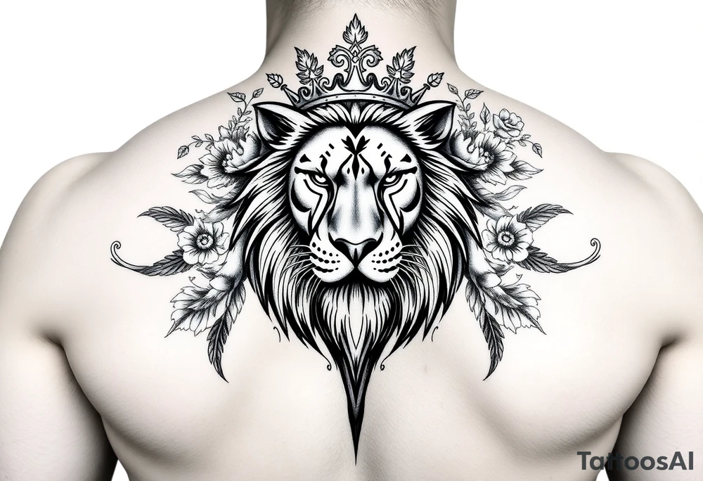 powerful majestic lion with a crown, surrounded by floral ornaments and birds tattoo idea