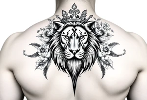 powerful majestic lion with a crown, surrounded by floral ornaments and birds tattoo idea