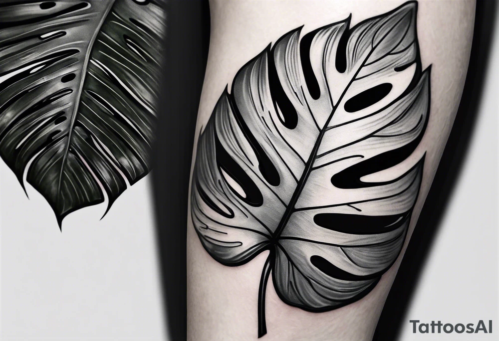 Abstract but realistic monstera leaf tattoo to go on the right leg on the outside of the leg next to the shin with a stem going down behind the ankle tattoo idea