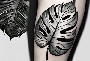 Abstract but realistic monstera leaf tattoo to go on the right leg on the outside of the leg next to the shin with a stem going down behind the ankle tattoo idea