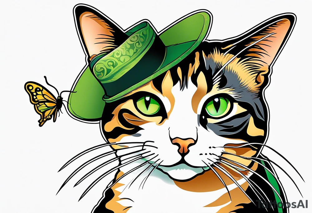 Calico cat with green eyes playing with a grasshopper toy tattoo idea