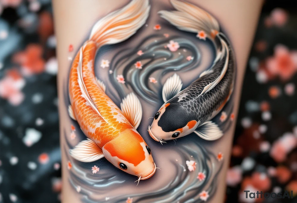 Koi Duo in Cherry Blossom Stream – A pair of koi, one orange, one black, flowing together through a river filled with scattered cherry petals. tattoo idea