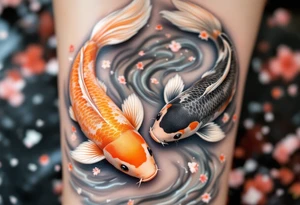 Koi Duo in Cherry Blossom Stream – A pair of koi, one orange, one black, flowing together through a river filled with scattered cherry petals. tattoo idea