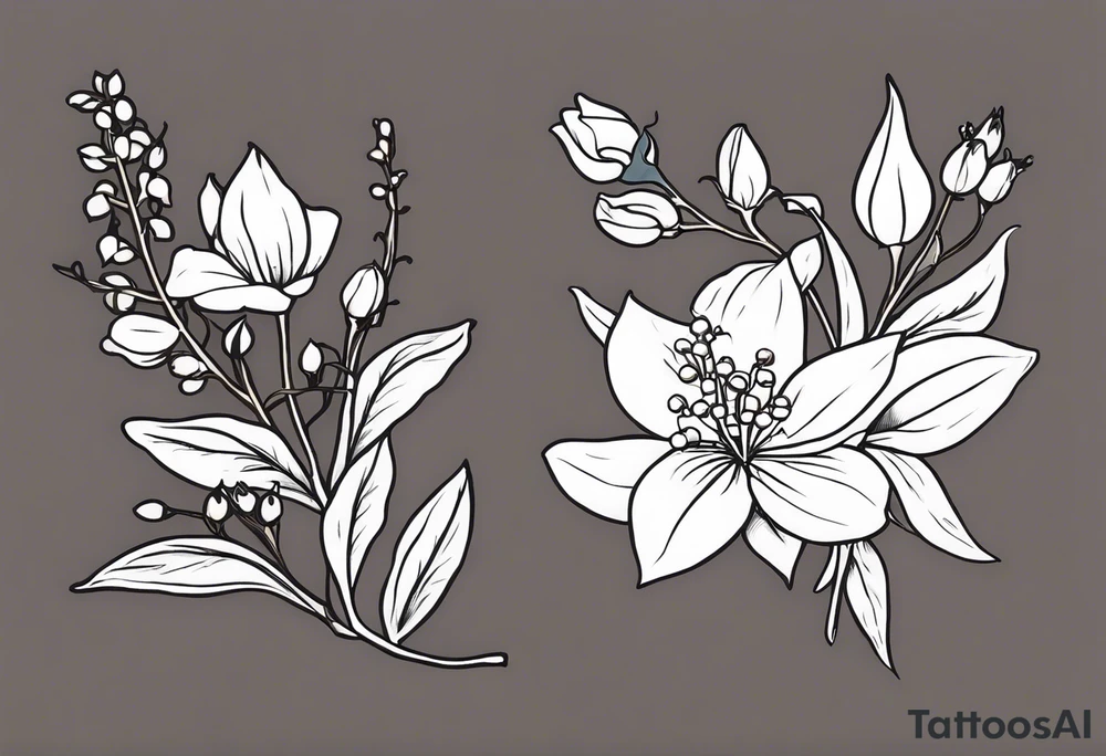 A tattoo that incorporates Mays birth Flowers (lily of the valley and Hawthorne) junes birth flowers (rose and honeysuckle), and honeybees tattoo idea