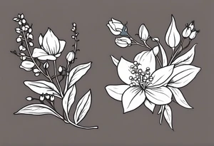 A tattoo that incorporates Mays birth Flowers (lily of the valley and Hawthorne) junes birth flowers (rose and honeysuckle), and honeybees tattoo idea