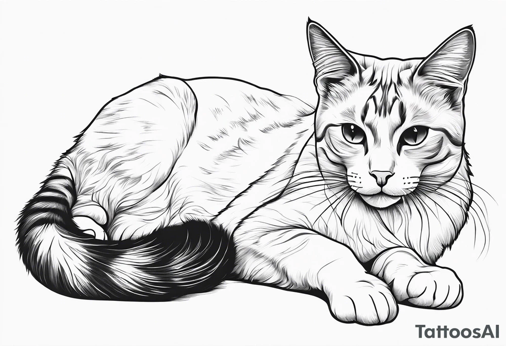 Design a simple outline tattoo of a cat stretching, embodying grace and flexibility, perfect for a subtle yet expressive design tattoo idea