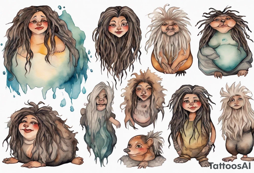 a plump mole woman with large eyes pale fur and messy brown dreadlocks sitting in a cave tattoo idea