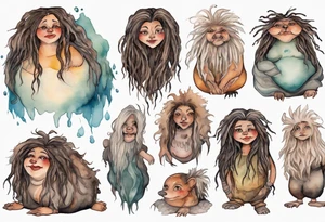 a plump mole woman with large eyes pale fur and messy brown dreadlocks sitting in a cave tattoo idea