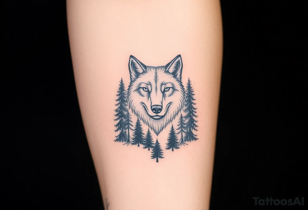 Tall pine trees surrounding a large wolf head over the treeline tattoo idea