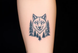 Tall pine trees surrounding a large wolf head over the treeline tattoo idea